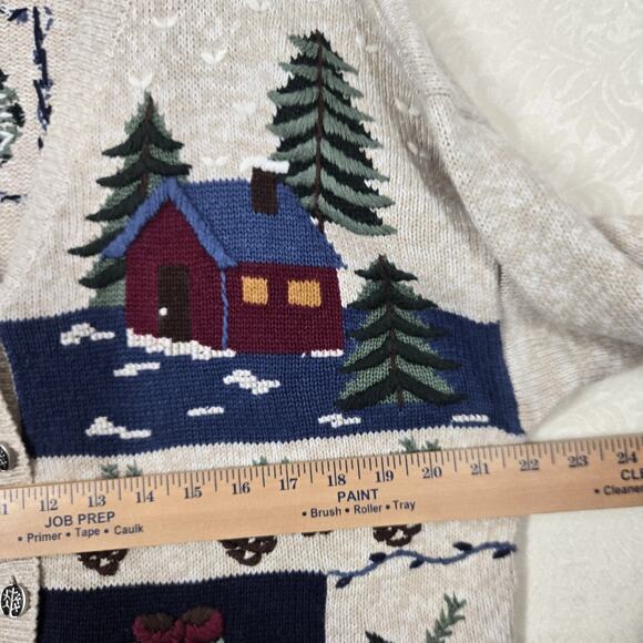 VTG Nutcracker Cardigan Sweater sz L Beige Multi Cabincore Cottagecore Holiday - Picture 12 of 14